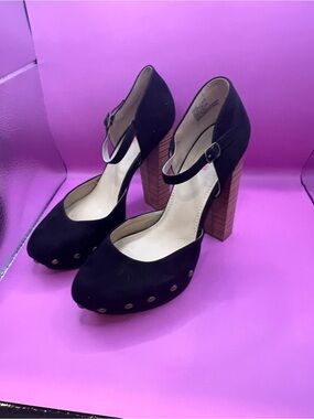JustFab Black Mary Jane Platform Heels with Wood-Effect Block Heel